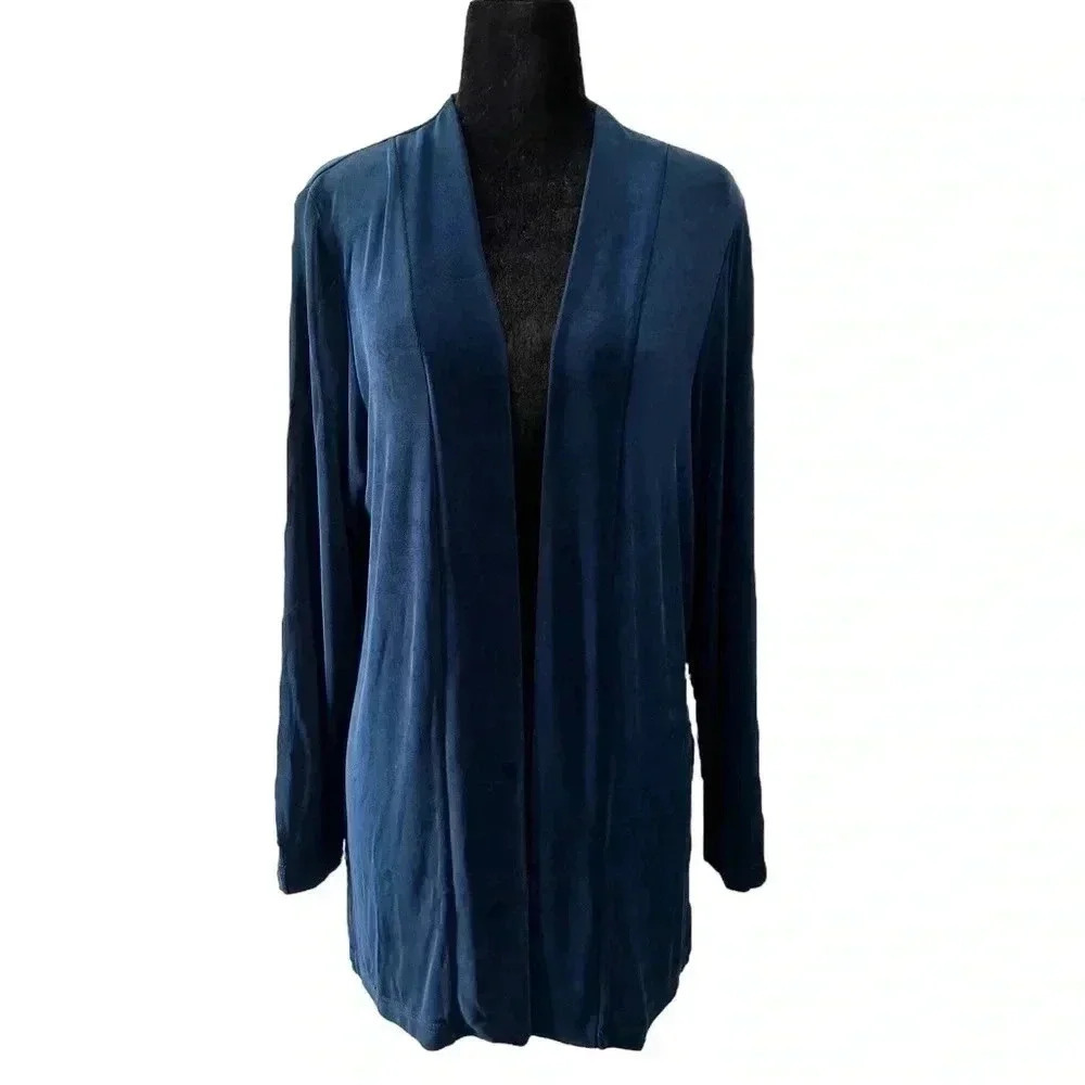 Picadilly  Jersey Cardigan Open Front Draped Knit Blazer Jacket Navy Blue Small